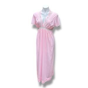 Vintage Rutledge Nightgown Pink Deep V Maxi Coquette Flutter Sleeves Womens Sz L